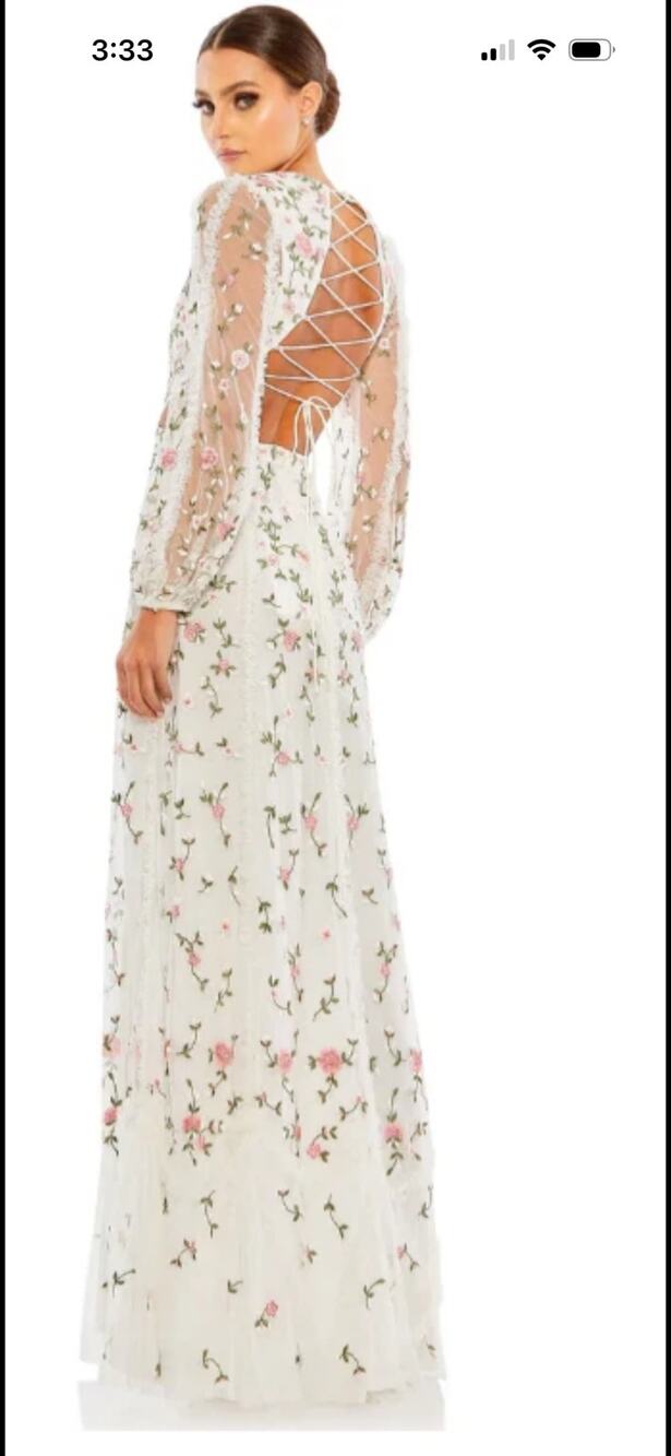MAC DUGGAL White Floral Embroidered Mesh Sleeve Lace Up Back Dress size 6 NWT